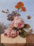 unknow artist Still life of roses,carnations and polyanthers in a terracotta urn,upon a stone ledge,together with a tortoiseshell butterfly oil painting on canvas